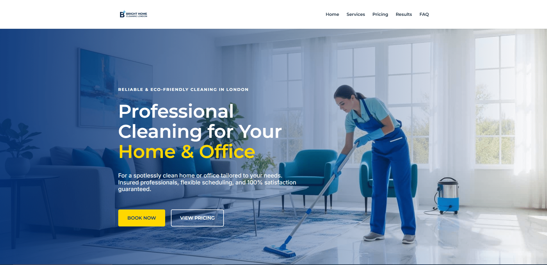 Professional cleaner in blue uniform cleaning a modern office carpet with a vacuum cleaner.